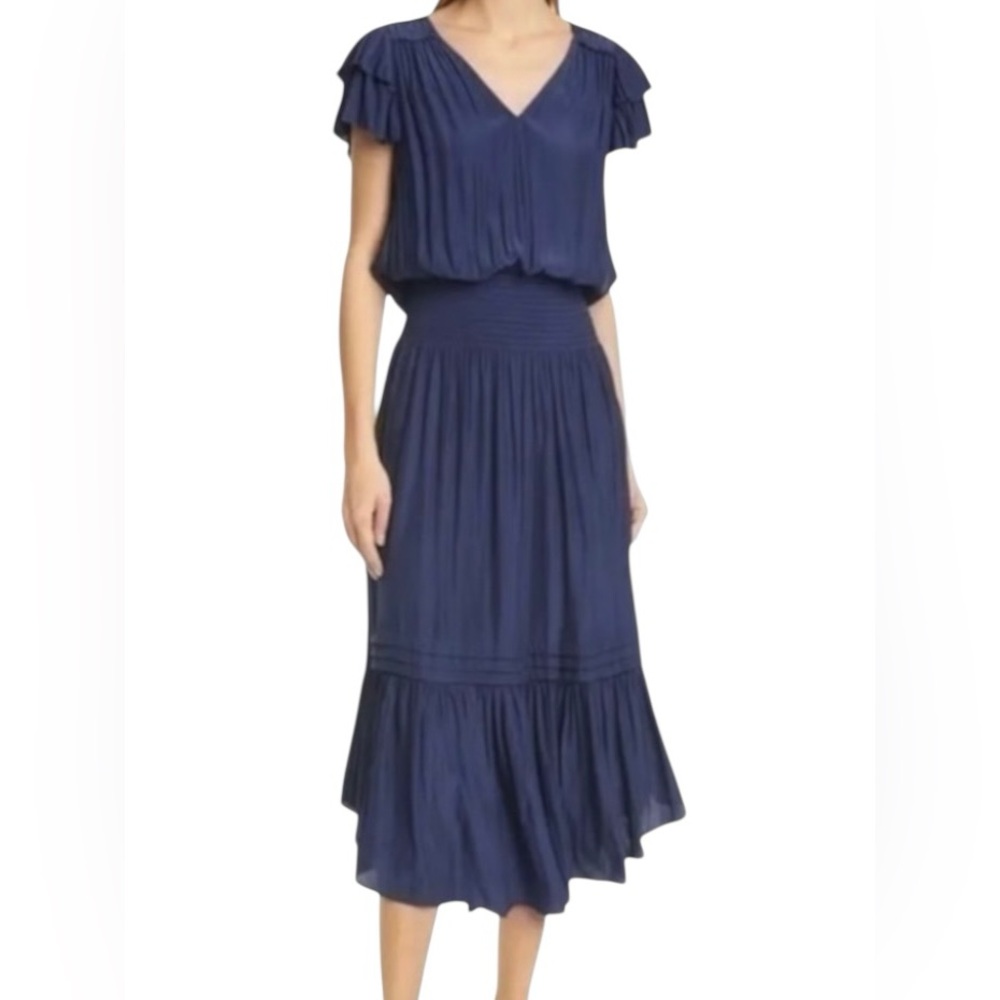 Ramy Brook Ali Pleated Satin Flutter Sleeve V-Neck Smocked Waist Asymmetric Midi